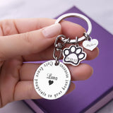 Personalized prints on my heart keyring with engraved paw print and name disc charm. belle fever heartfelt pet loss keepsake gift.