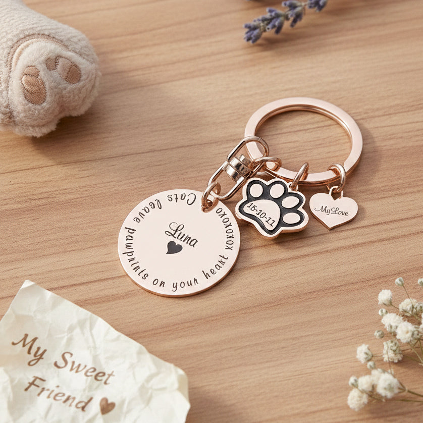 Personalized prints on my heart keyring with custom engraved name disc and paw print charm. belle fever sentimental keepsake for honoring a beloved pet.