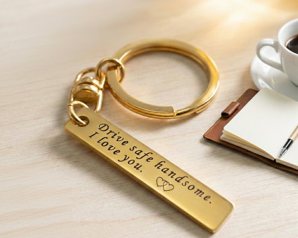 Belle Fever reminder tag keychain in gold tone, custom engraved bar keepsake attached to keyring, meaningful everyday gift for a loved one