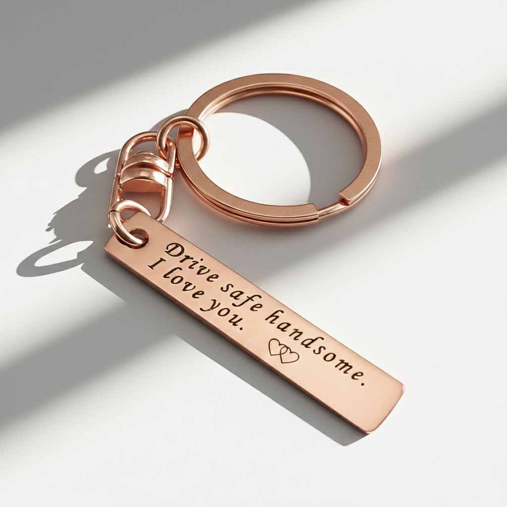 Belle Fever rose gold reminder tag keychain close-up, engraved bar keepsake with smooth finish, thoughtful gift for loved one