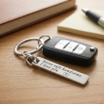 Belle Fever silver reminder tag keychain attached to keys, engraved bar keepsake designed as a daily reminder for someone special