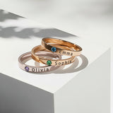 Stackable Birthstone Rings by Belle Fever — elegant personalised rings with engraved names and gemstones, beautifully symbolising family and meaningful connections.