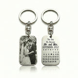 Silver personalized photo tag keyring with engraved calendar, double-sided metal keychain