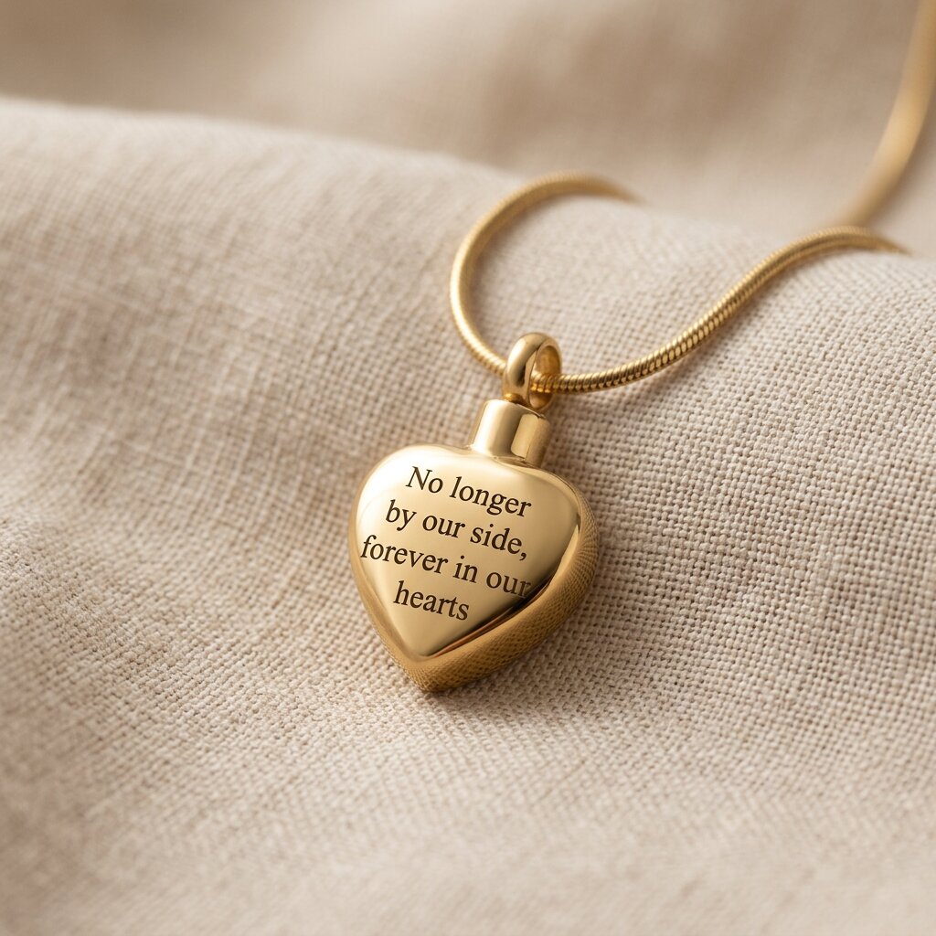 Always Love cremation necklace with gold heart urn pendant on delicate chain displayed on soft neutral fabric