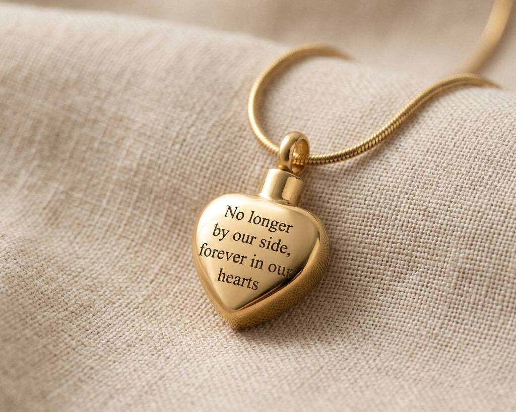 Always Love cremation necklace with gold heart urn pendant on delicate chain displayed on soft neutral fabric