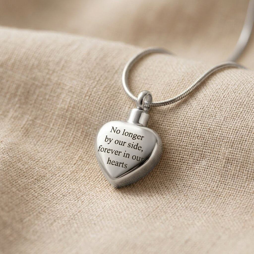 Always Love cremation necklace in silver featuring heart shaped urn pendant on chain necklace