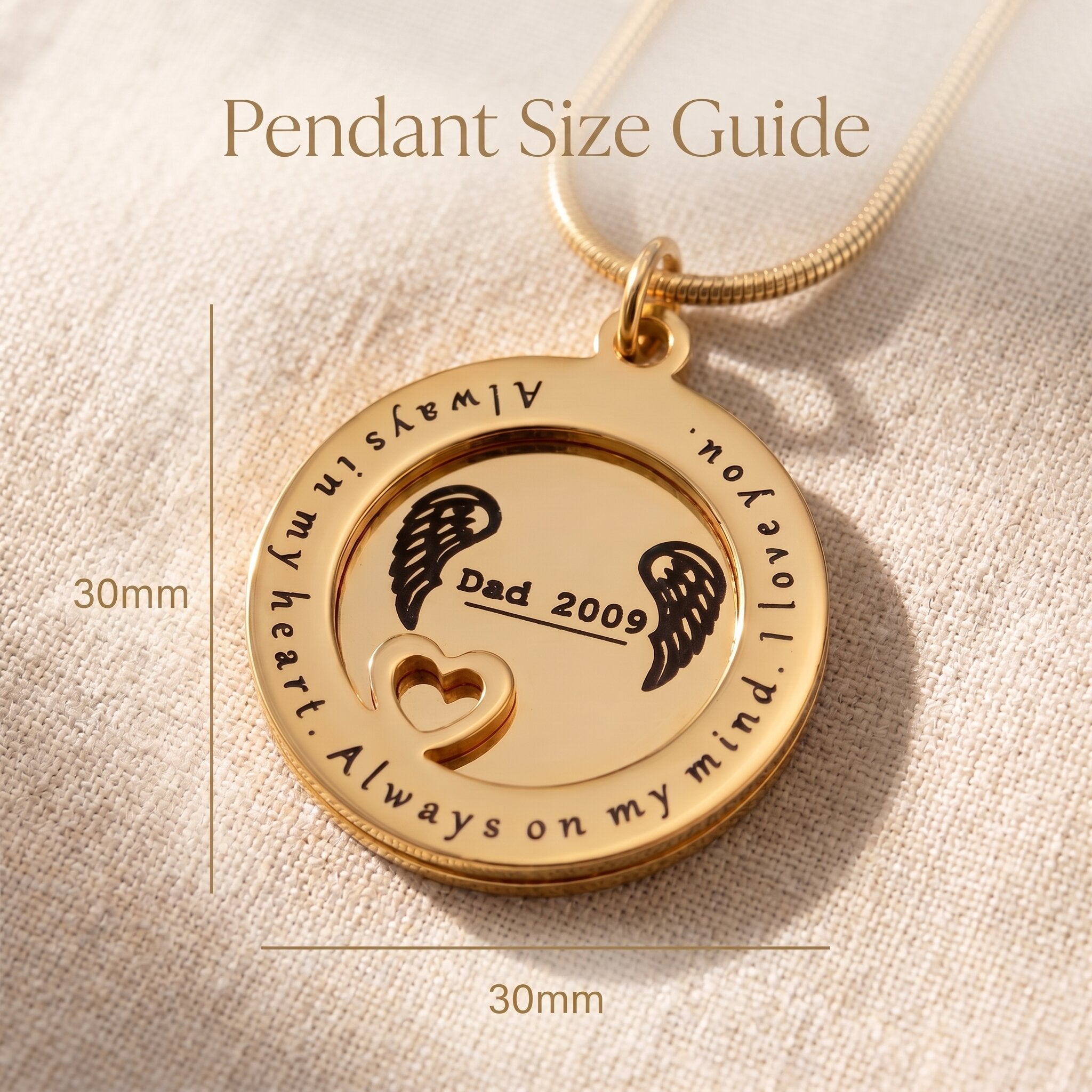 Always on my mind necklace size guide showing layered round disc and washer pendant dimensions