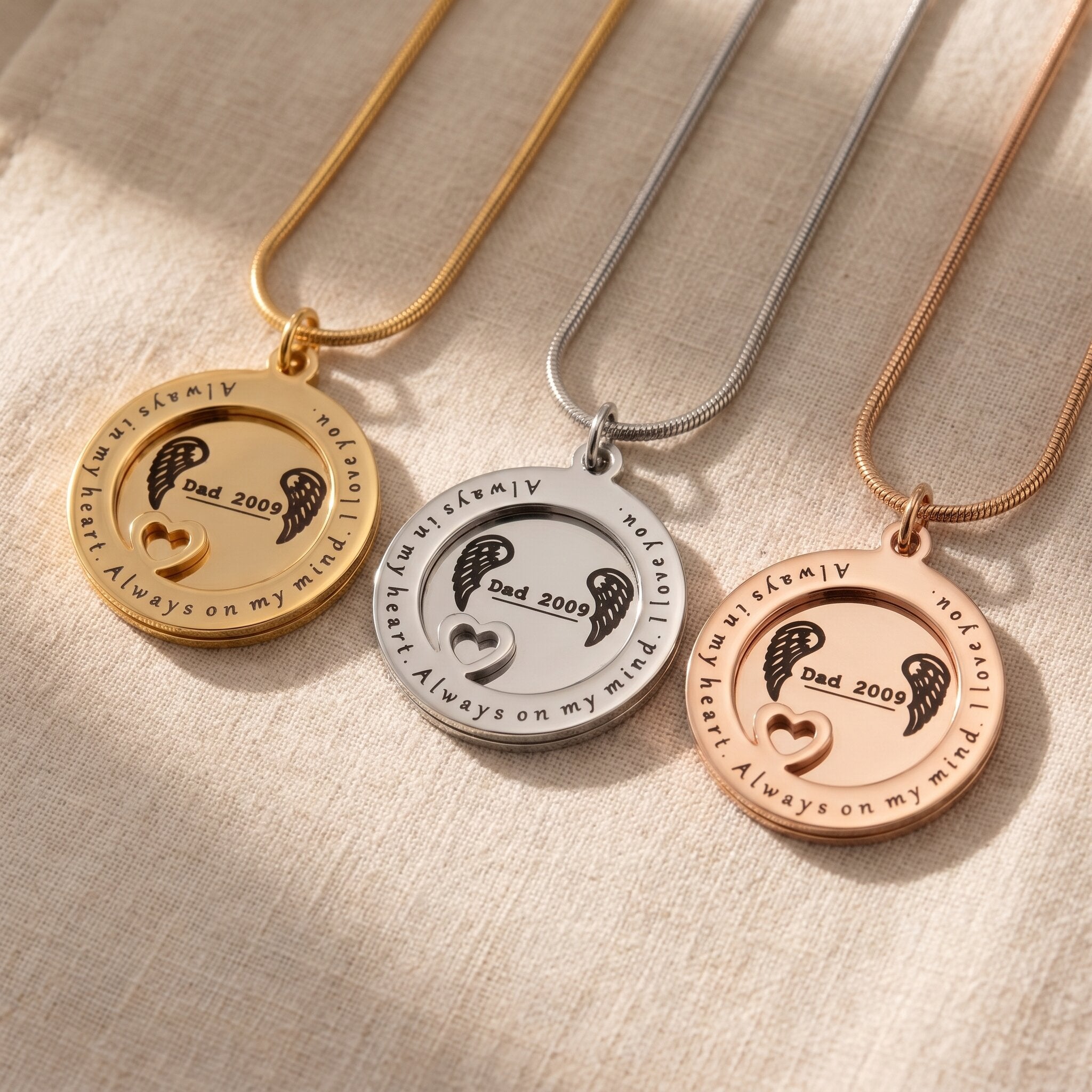 Always on my mind necklace tone comparison showing gold, silver and rose gold layered keepsake designs