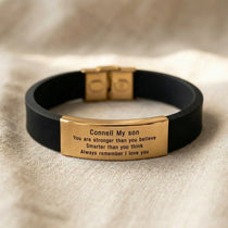 Gold Always Remember personalised ID bracelet with engraved plate on silicone band