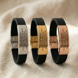 Always Remember personalised ID bracelet showing different metal plate finishes on silicone band