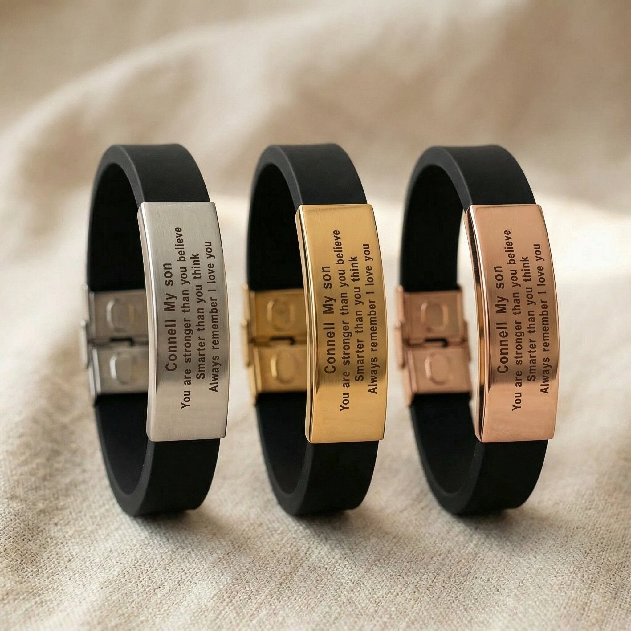 Always Remember personalised ID bracelet showing different metal plate finishes on silicone band