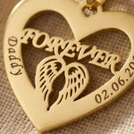 Close up of Angel In My Heart necklace heart pendant with angel wings engraving