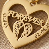 Close up of Angel In My Heart necklace heart pendant with angel wings engraving