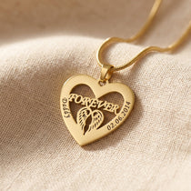 Gold Angel In My Heart necklace with heart angel wings pendant on delicate chain displayed on neutral fabric background