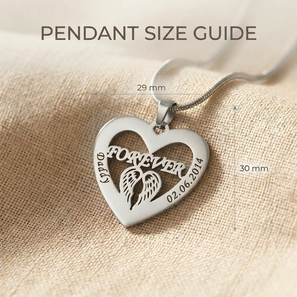 Pendant size guide for Angel In My Heart necklace showing heart angel wings pendant dimensions