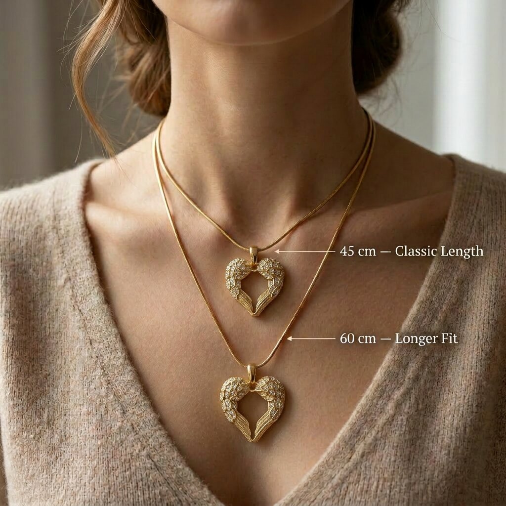 Chain length guide for Angels Heart necklace showing adjustable necklace length options
