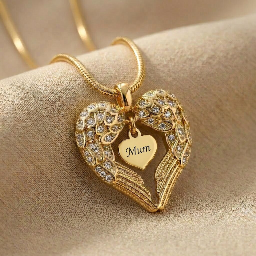 Angels Heart necklace showing heart shaped inner pendant option inside angel wings design