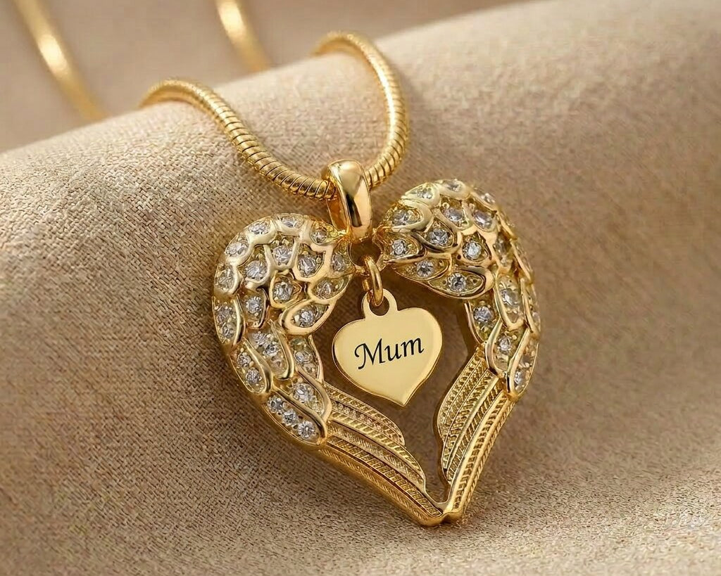 Angels Heart necklace showing heart shaped inner pendant option inside angel wings design