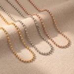 Ball chain necklace tone comparison showing gold, silver and rose gold minimalist chain jewellery finishes