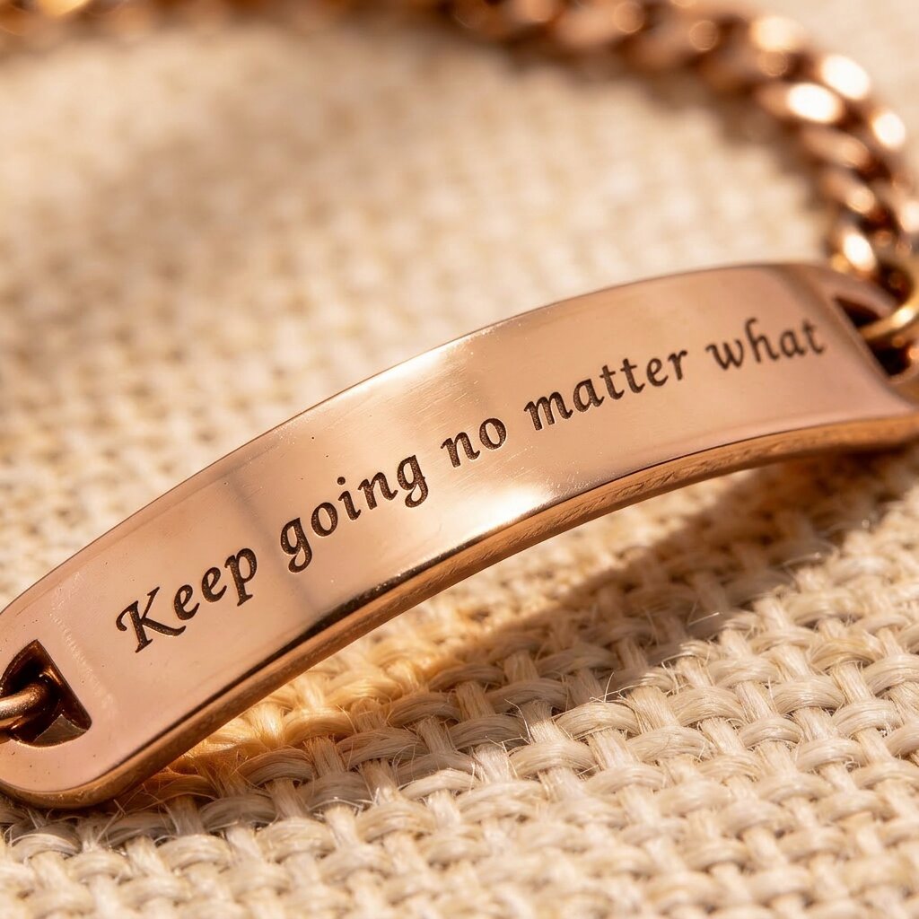 Close up of gold bar bracelet showing engraved plate detail