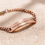 Rose gold bar bracelet with custom engraving and delicate chain