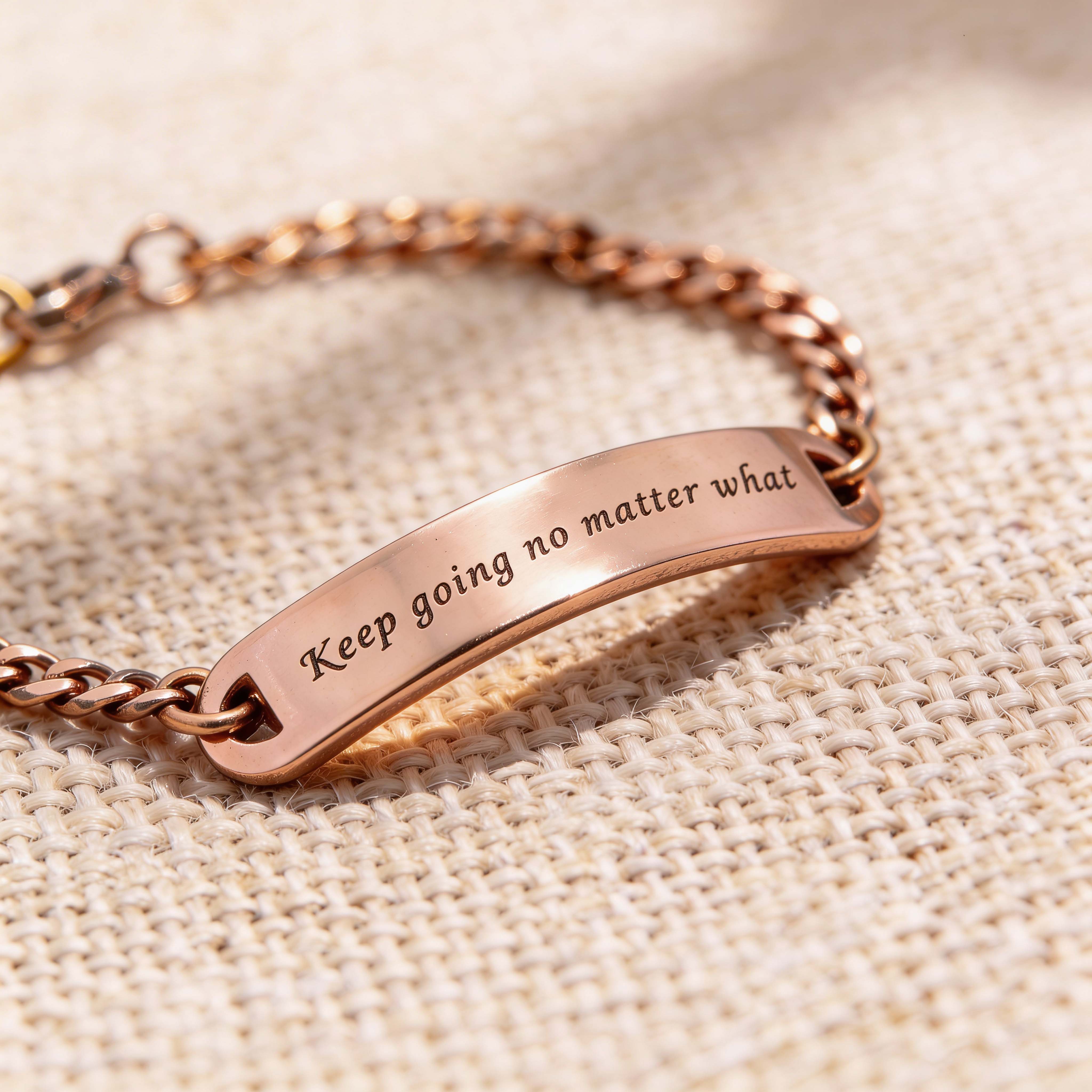 Rose gold bar bracelet with custom engraving and delicate chain