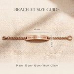 Size guide showing detail dimensions of bar bracelet and chain length