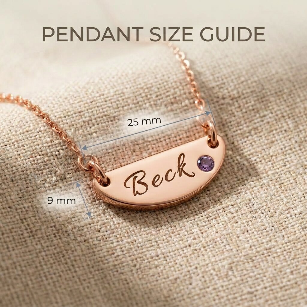 Pendant size guide for Beck name necklace showing bar pendant dimensions