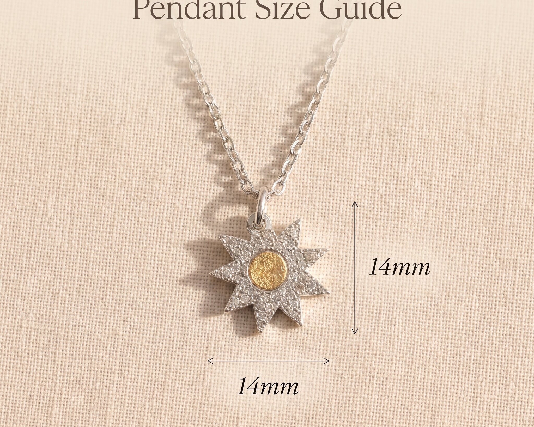 Beginning necklace size guide showing pendant dimensions and delicate sun detail