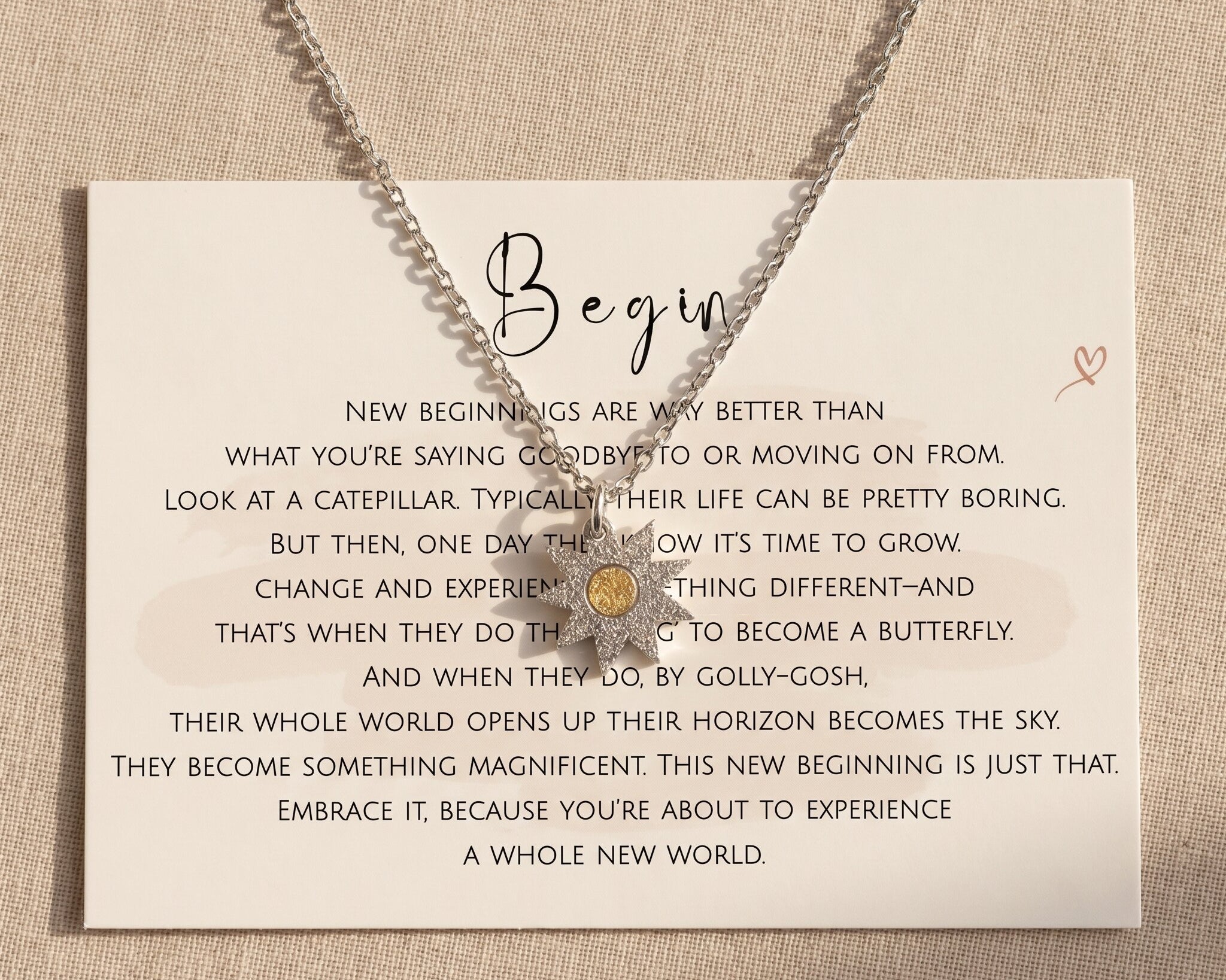 Beginning necklace with inspired card message, meaningful jewellery for new beginnings and keepsake gift