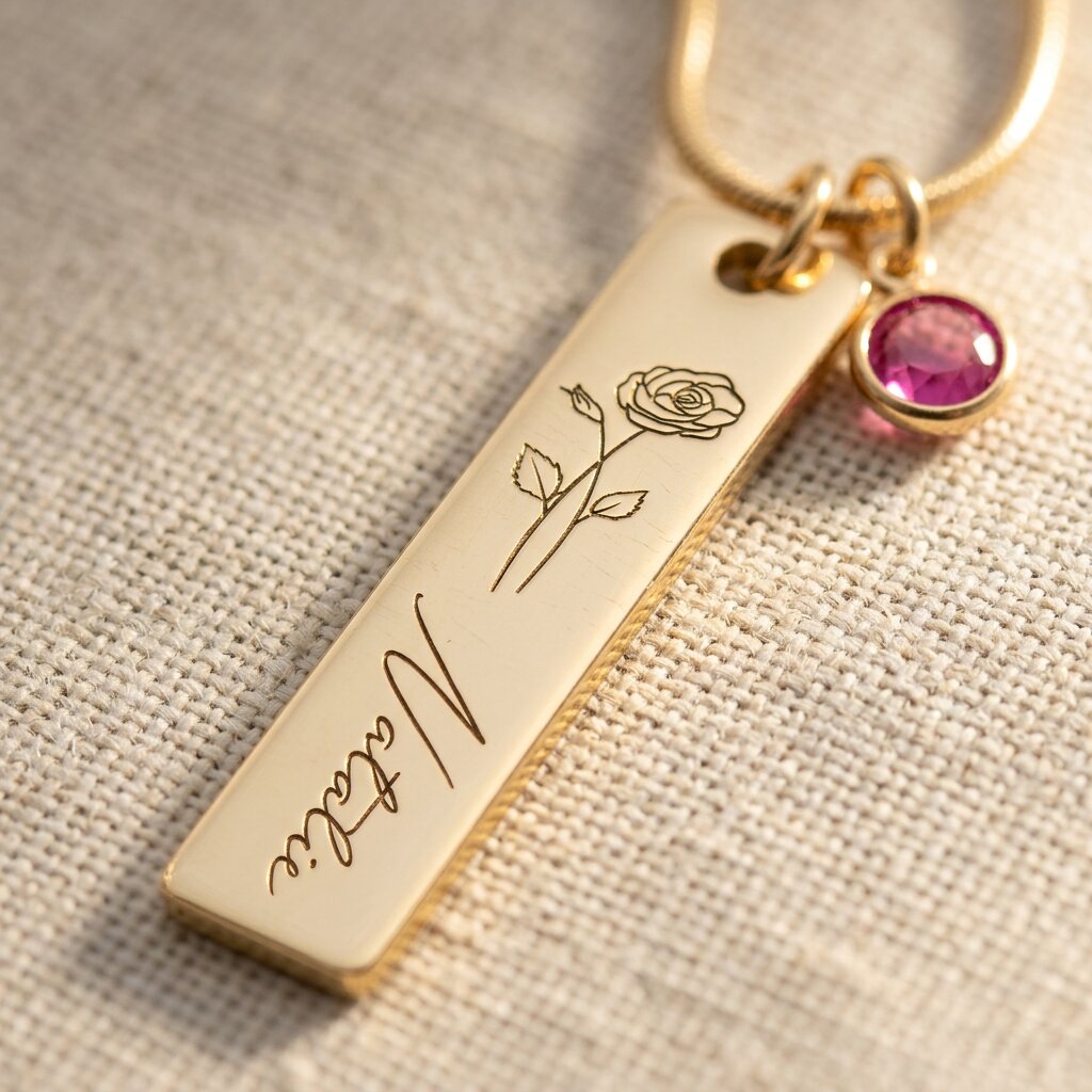 Close up of birthflower personalised necklace with engraved bar and birthstone charm detail