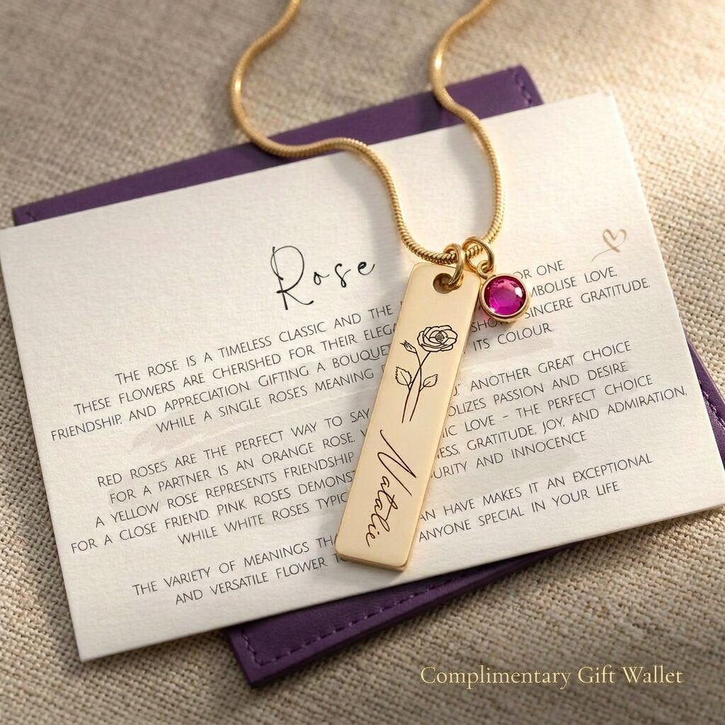 Birthflower and birthstone personalised necklace displayed with jewelry gift wallet packaging