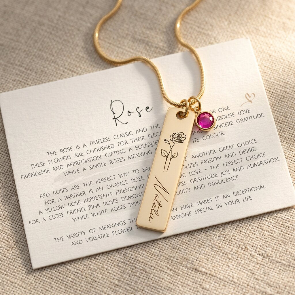 Gold birthflower personalised necklace with engraved bar pendant, birthstone charm and meaningful card