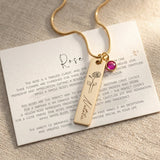 Gold birthflower personalised necklace with engraved bar pendant, birthstone charm and meaningful card