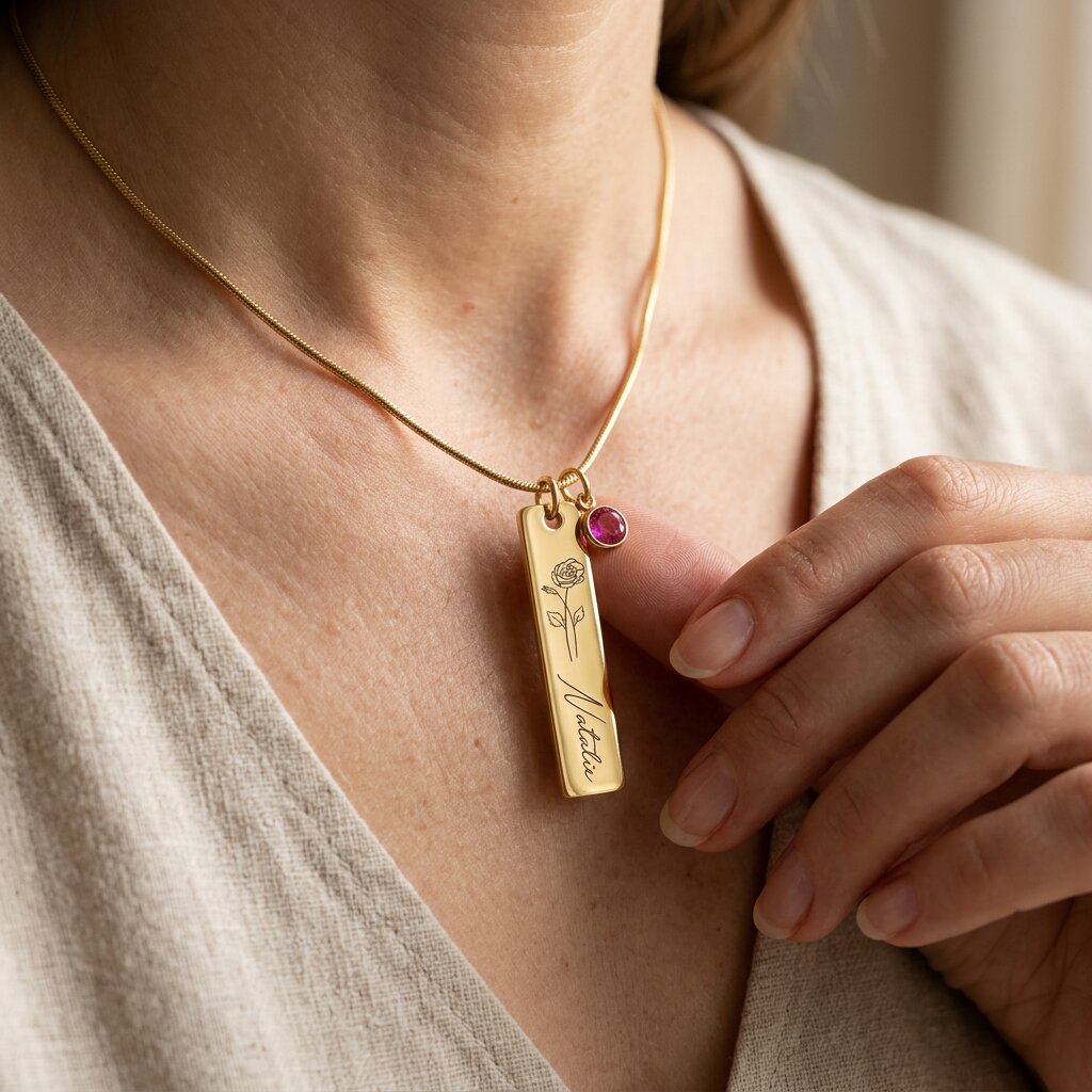 Woman wearing birthflower personalised necklace with engraved bar pendant and birthstone charm