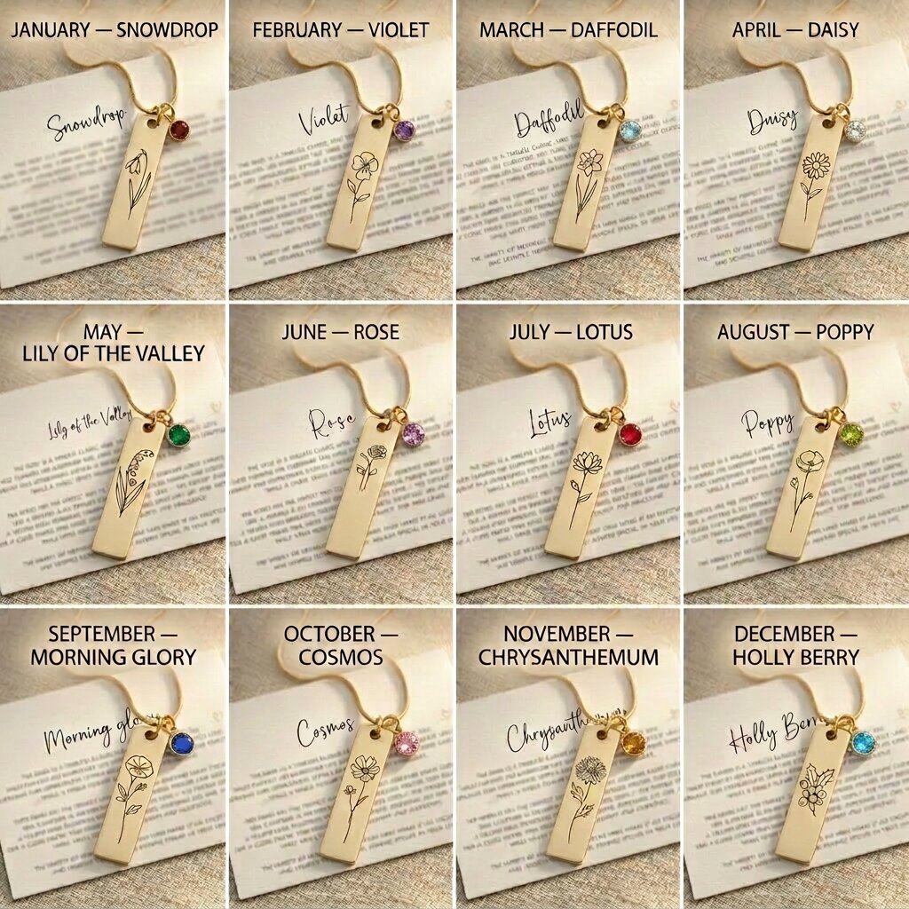 Birthflower necklace showing engraving and birthstone customization options