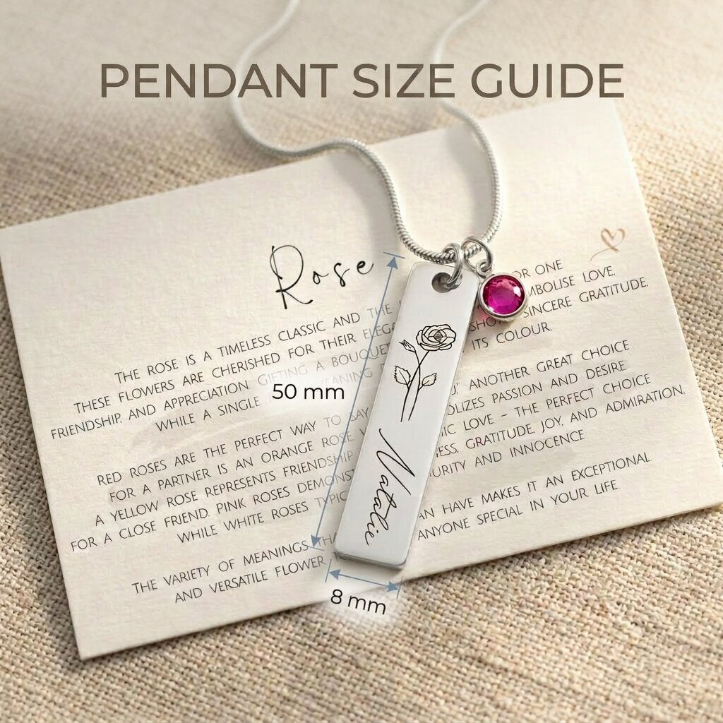 Pendant size guide for birthflower and birthstone personalised necklace showing bar dimensions