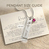 Pendant size guide for birthflower and birthstone personalised necklace showing bar dimensions