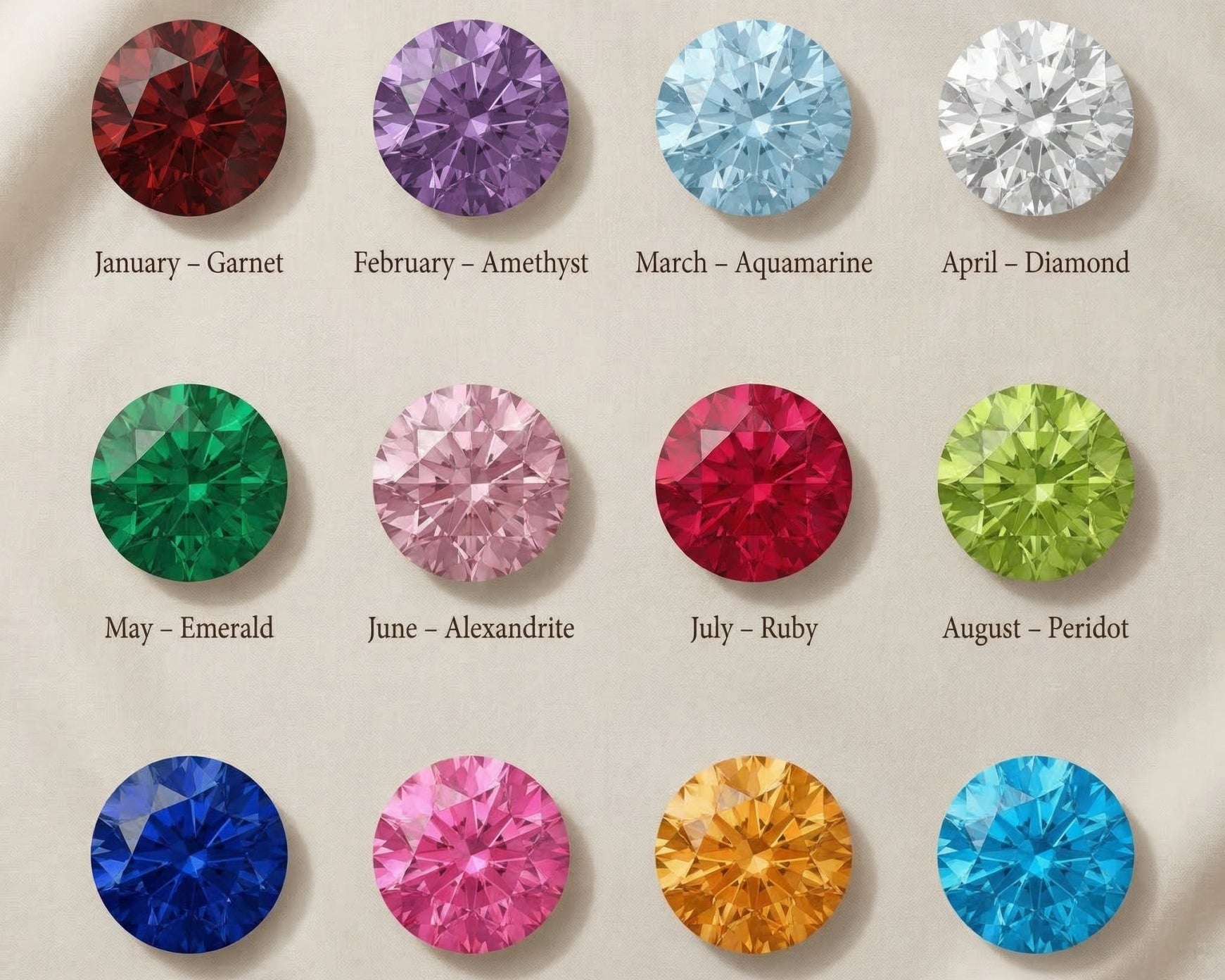 Birthstone color chart showing available gemstone options for dream locket necklace and bracelet customization