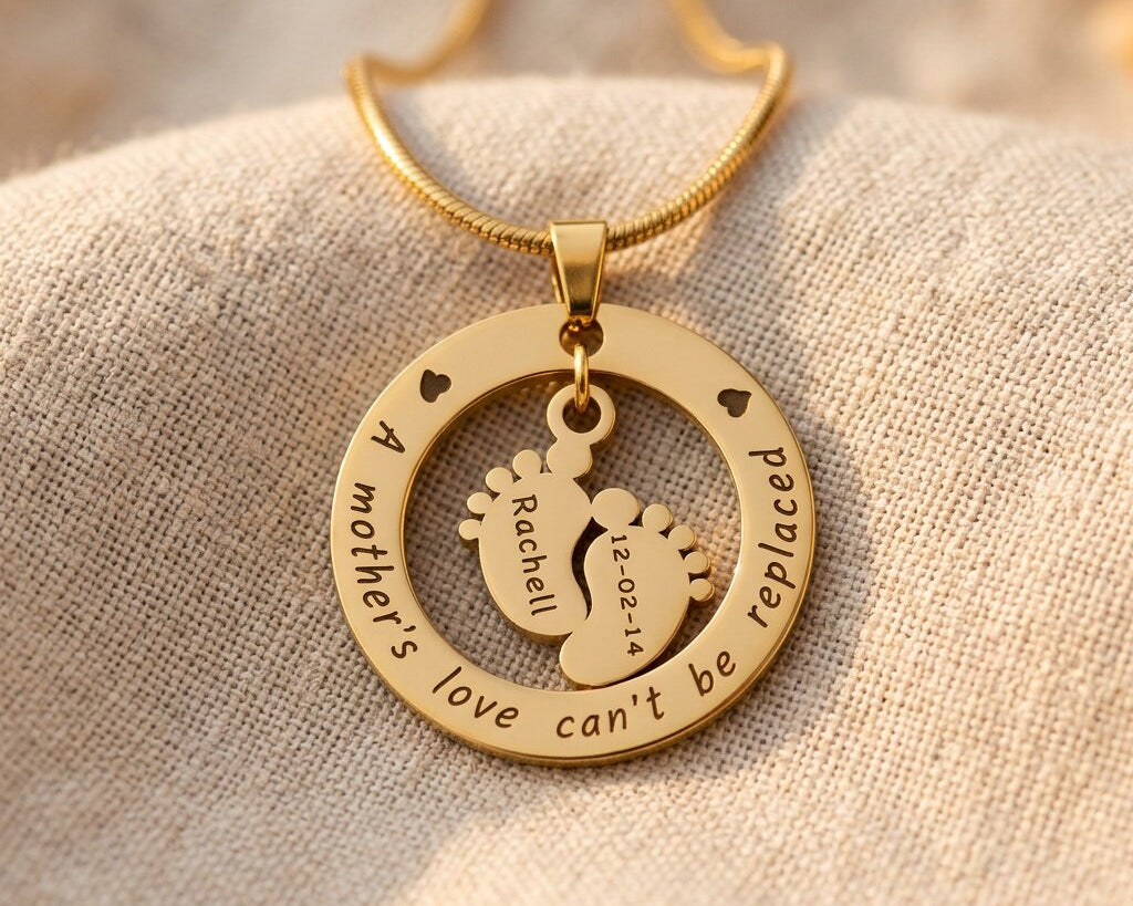 personalised mother necklace with engraved “a mother’s love can’t be replaced” pendant in gold finish