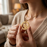 Woman wearing can't be replaced necklace with engraved message and baby feet charm, meaningful gift for mom