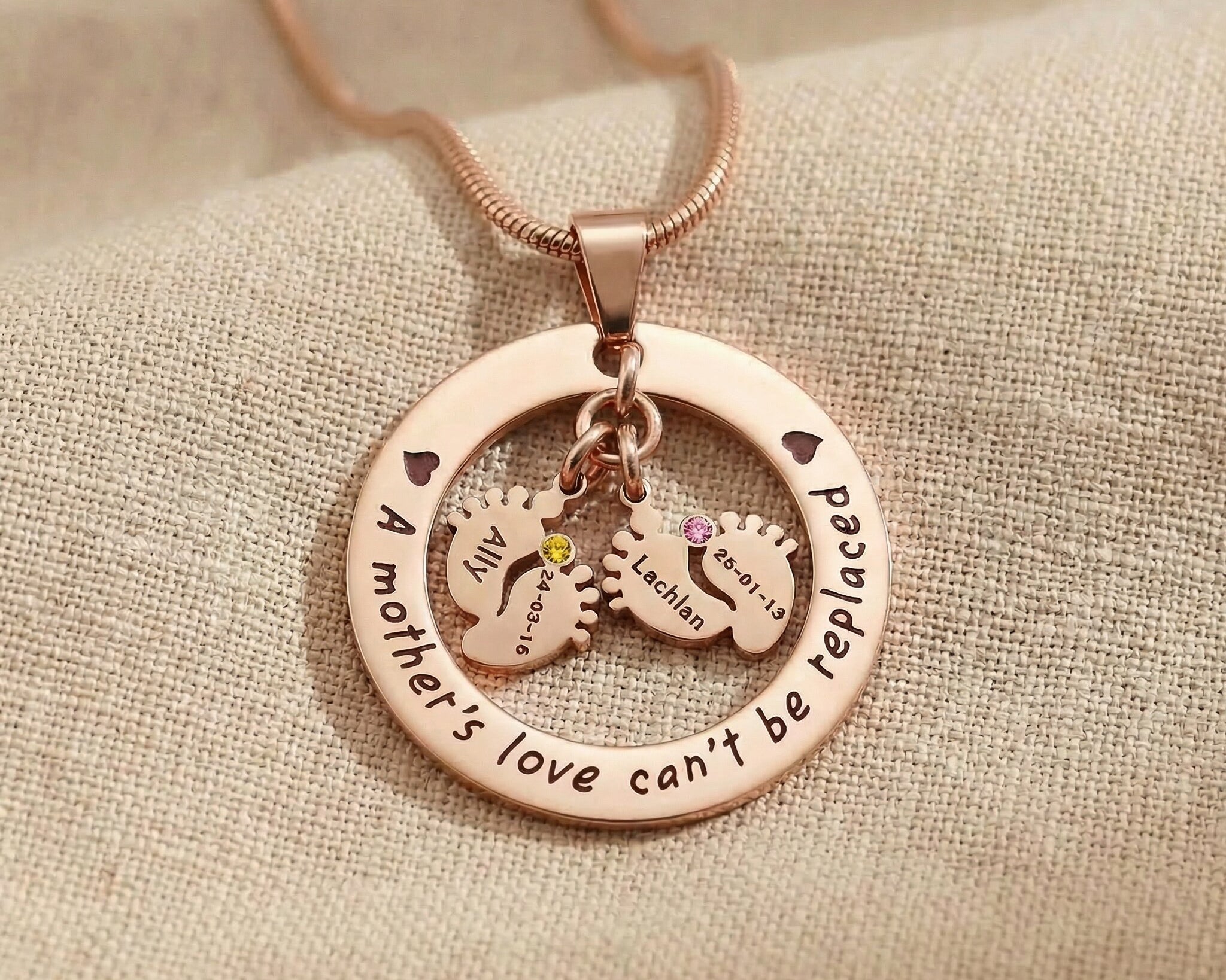 Can’t Be Replaced Necklace, personalized mother necklace with baby feet charms and birthstone option