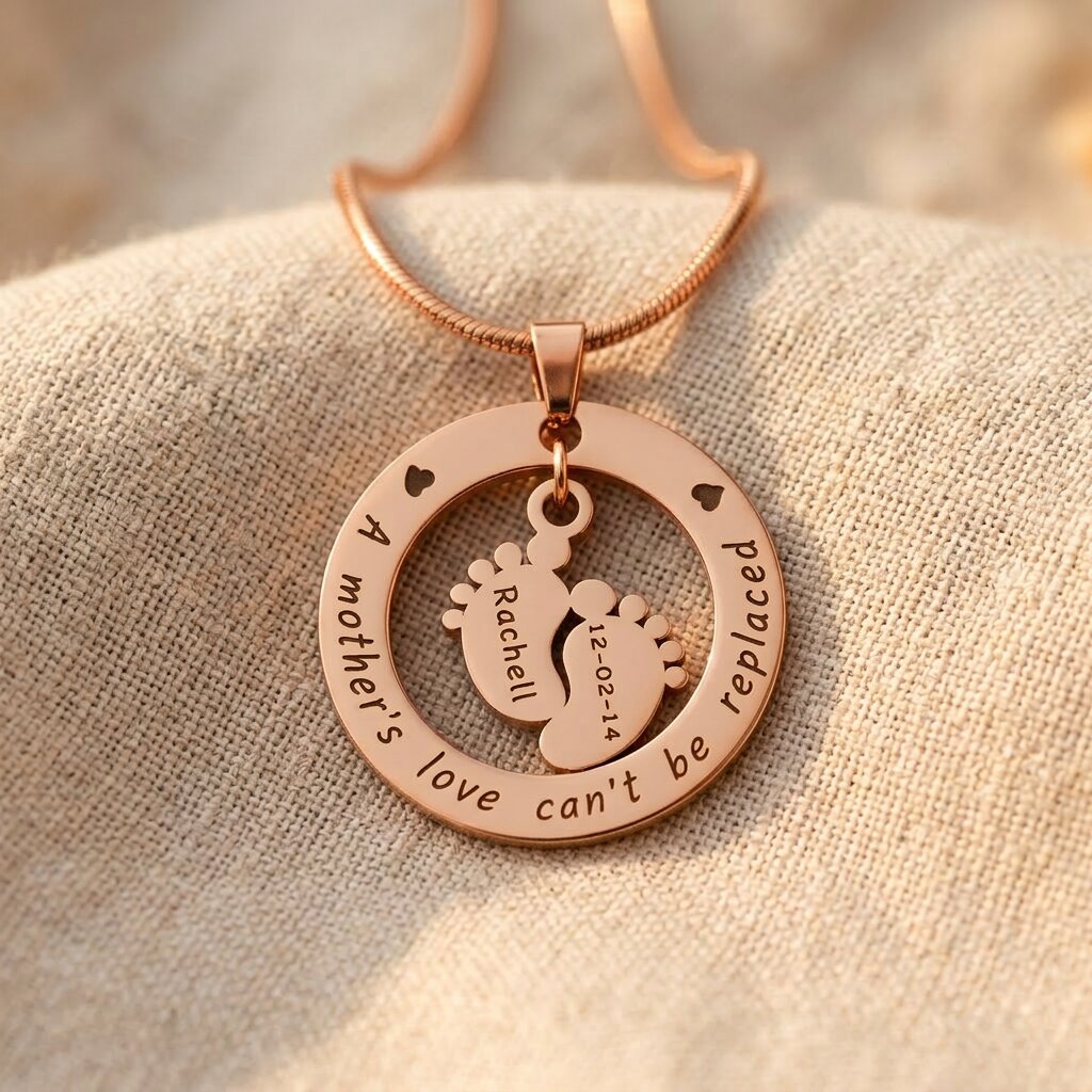 Rose Gold Can’t Be Replaced Necklace with engraved message and baby feet charm pendant
