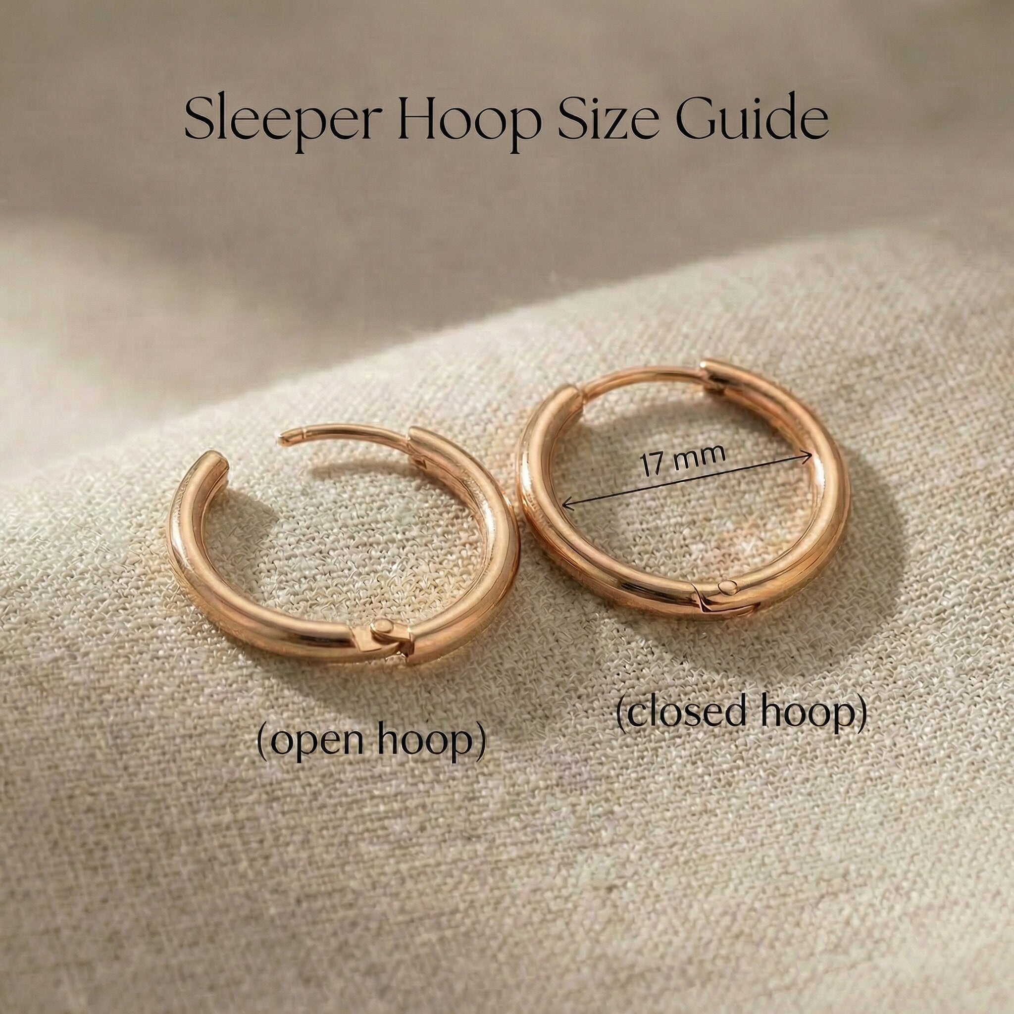 Size guide showing dimensions of chic sleeper hoop earrings with small hoop design