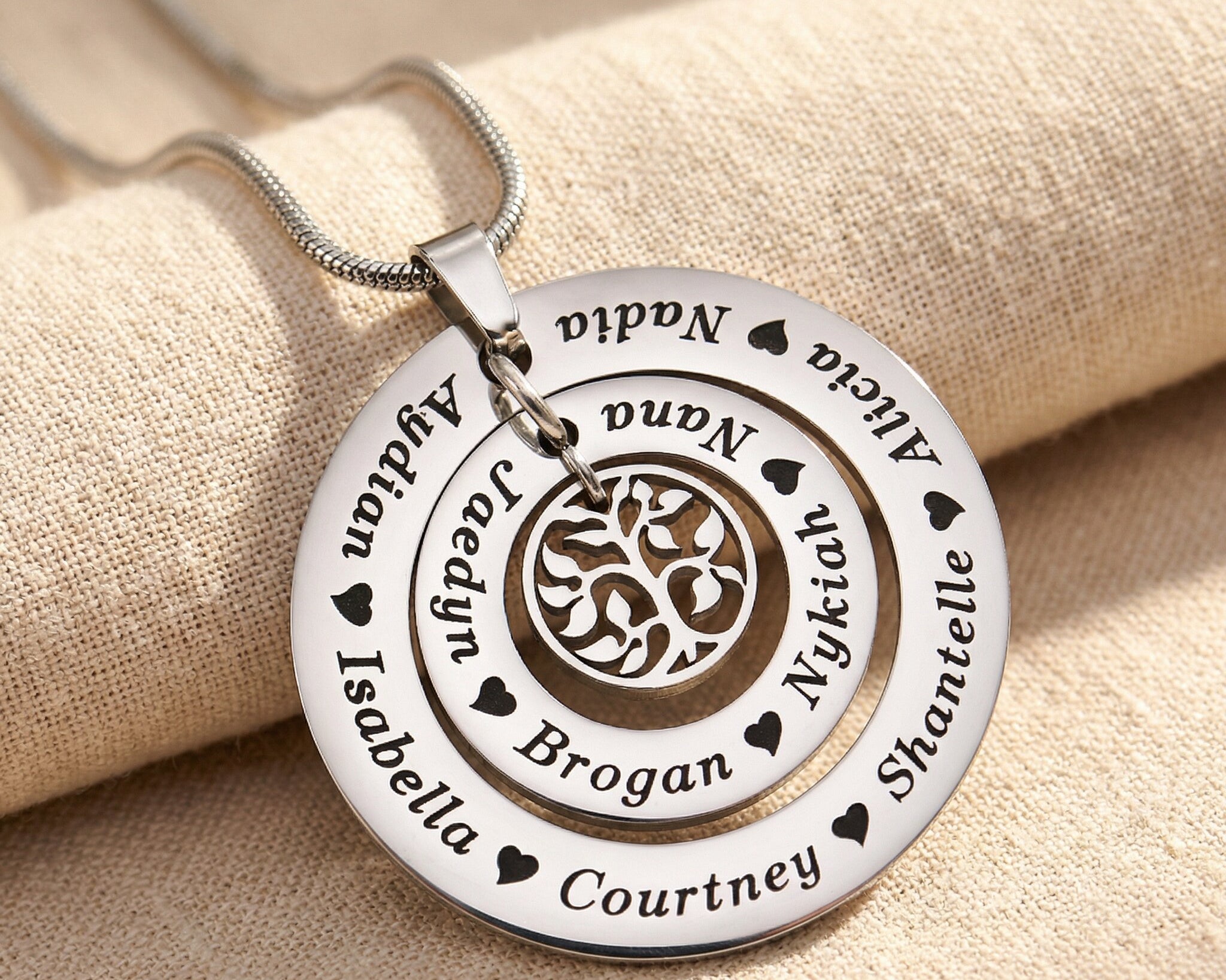 Circle of Loved Ones necklace with tree insert option and engraved names