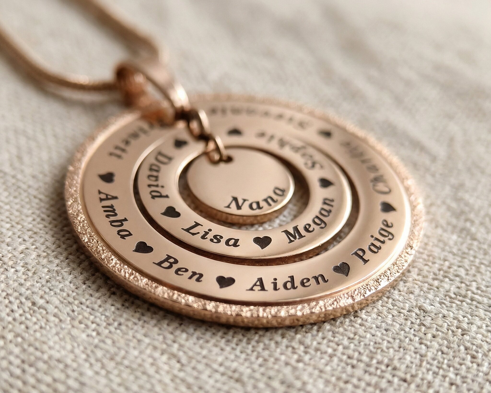 Circle of Loved Ones necklace with sparkling circle edge option and engraved names