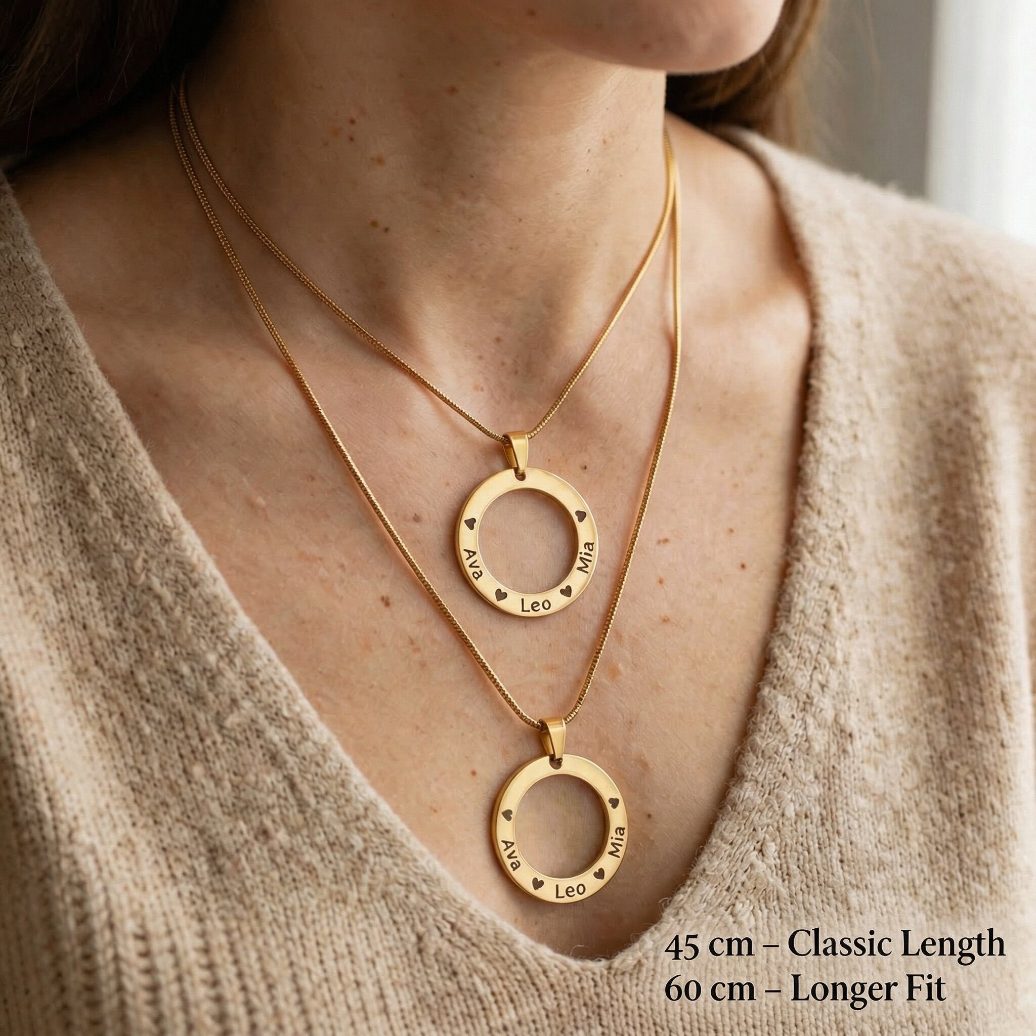 Woman wearing Circle of Trust Necklace showing chain length options for personalized pendant styling