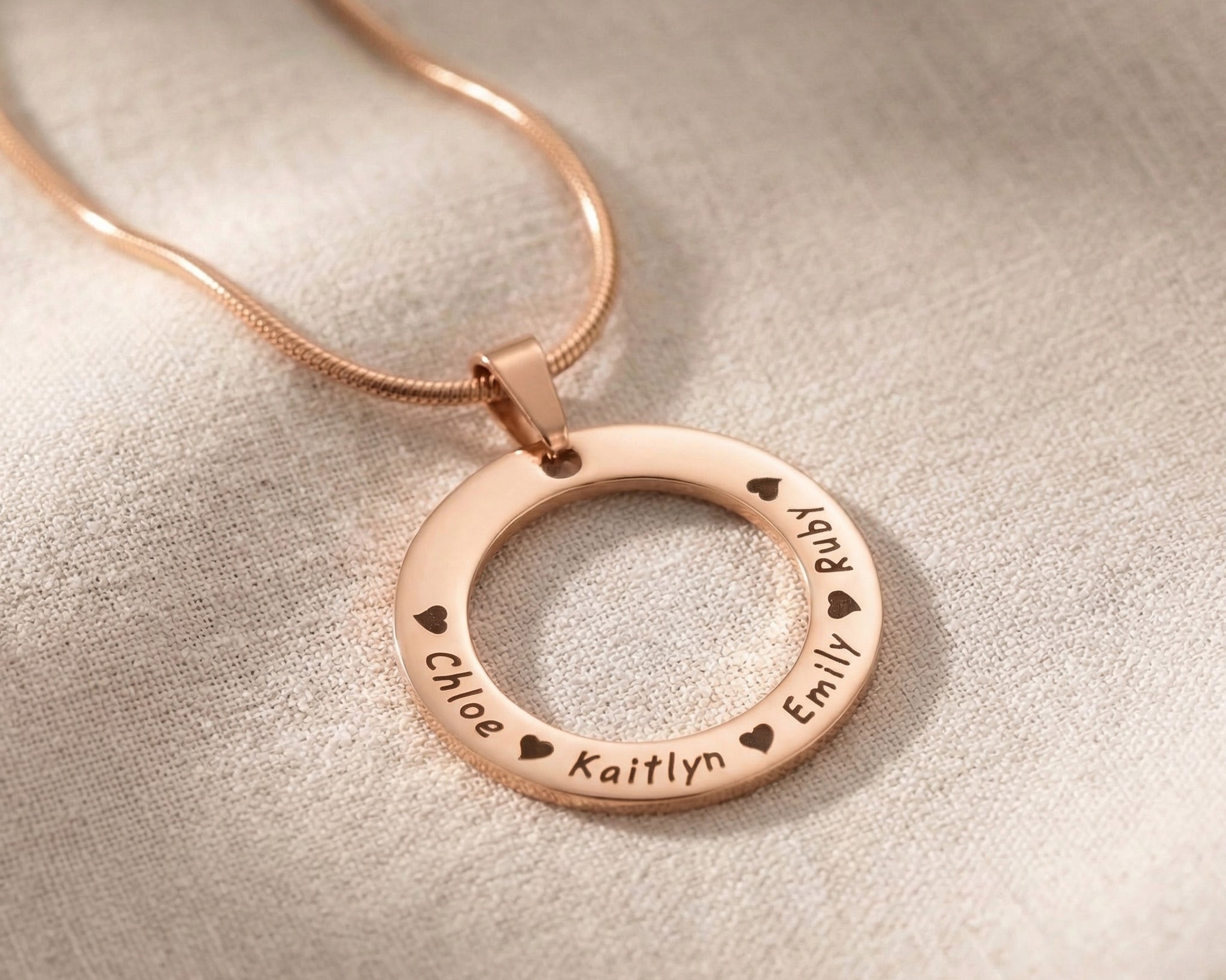 Circle of Trust Necklace rose gold personalized circle pendant with engraved names elegant jewelry piece