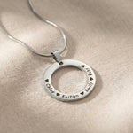 Circle of Trust Necklace silver personalized circle pendant with engraved names minimalist jewelry close-up