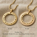 Circle of Trust Necklace size guide showing pendant dimensions and engraving layout for personalization